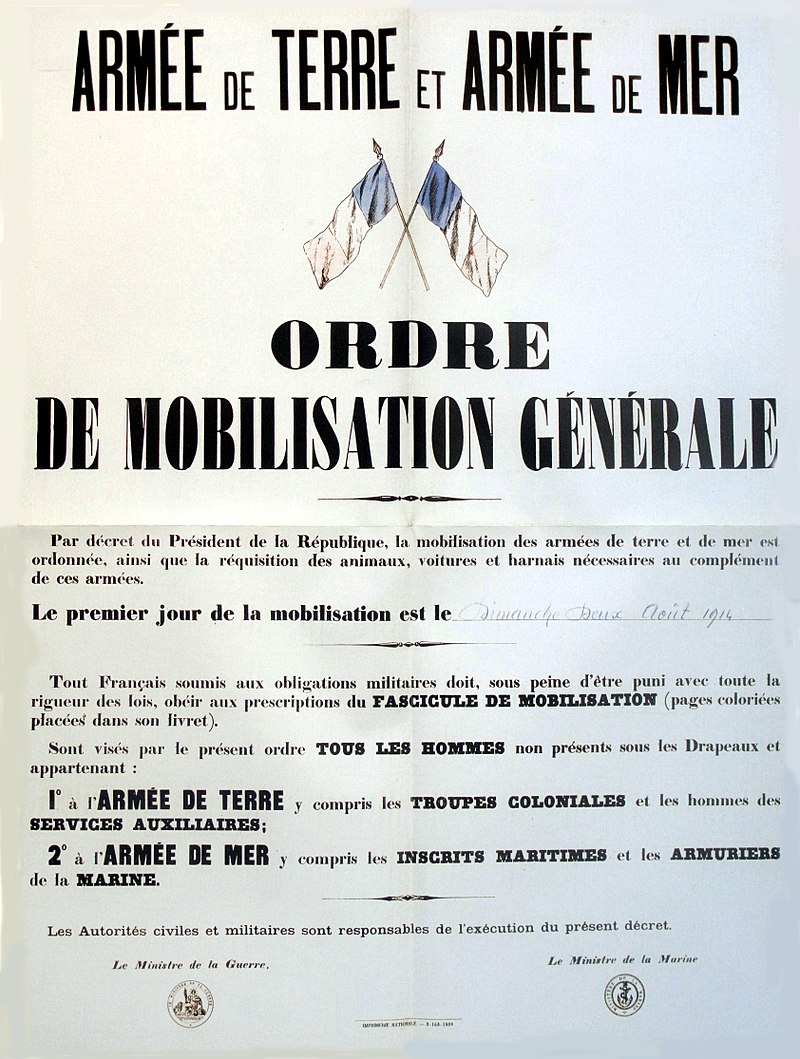 Wandplakat zur Generalmobilmachung in Frankreich 1914, Quelle: Wikimedia